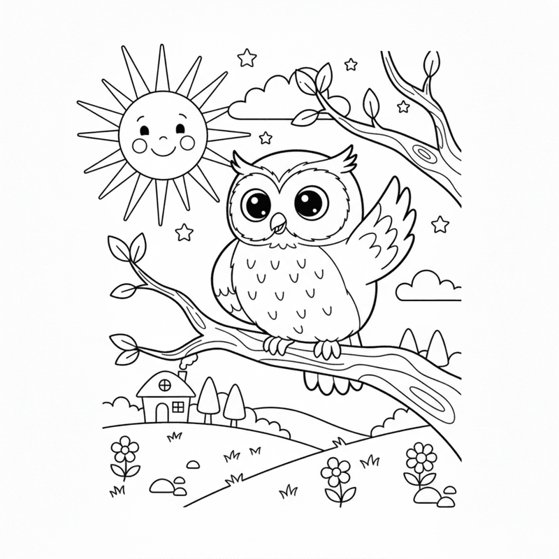 Remixed kids owl coloring page with a bright sun instead of the moon